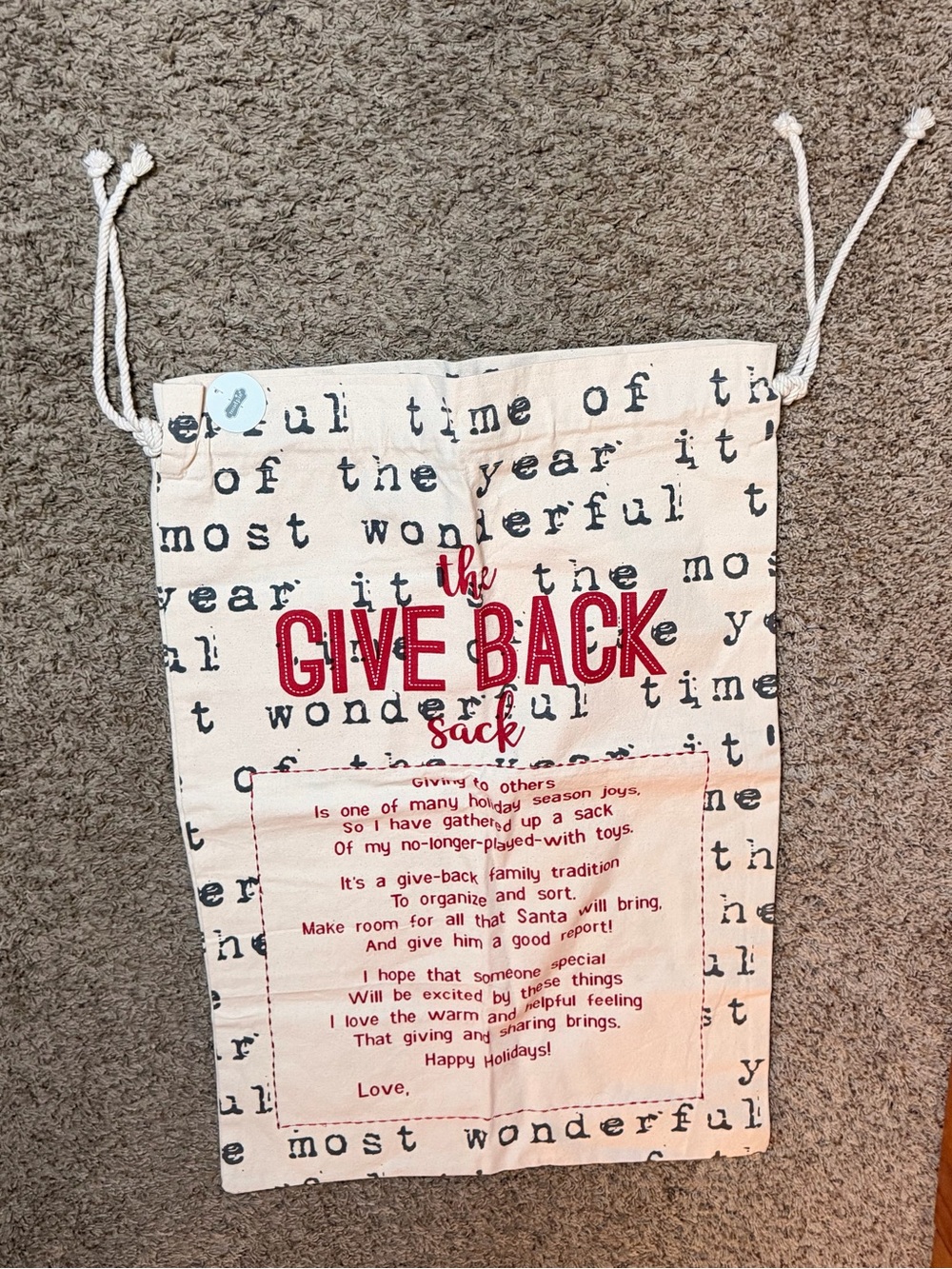 Give Back Drawstring Tote Bag - Cream with Red Print